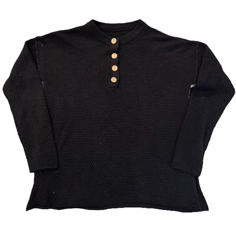 Unbranded Women Black Waffle Knit Long Sleeve Henley Sweater Pullover Small